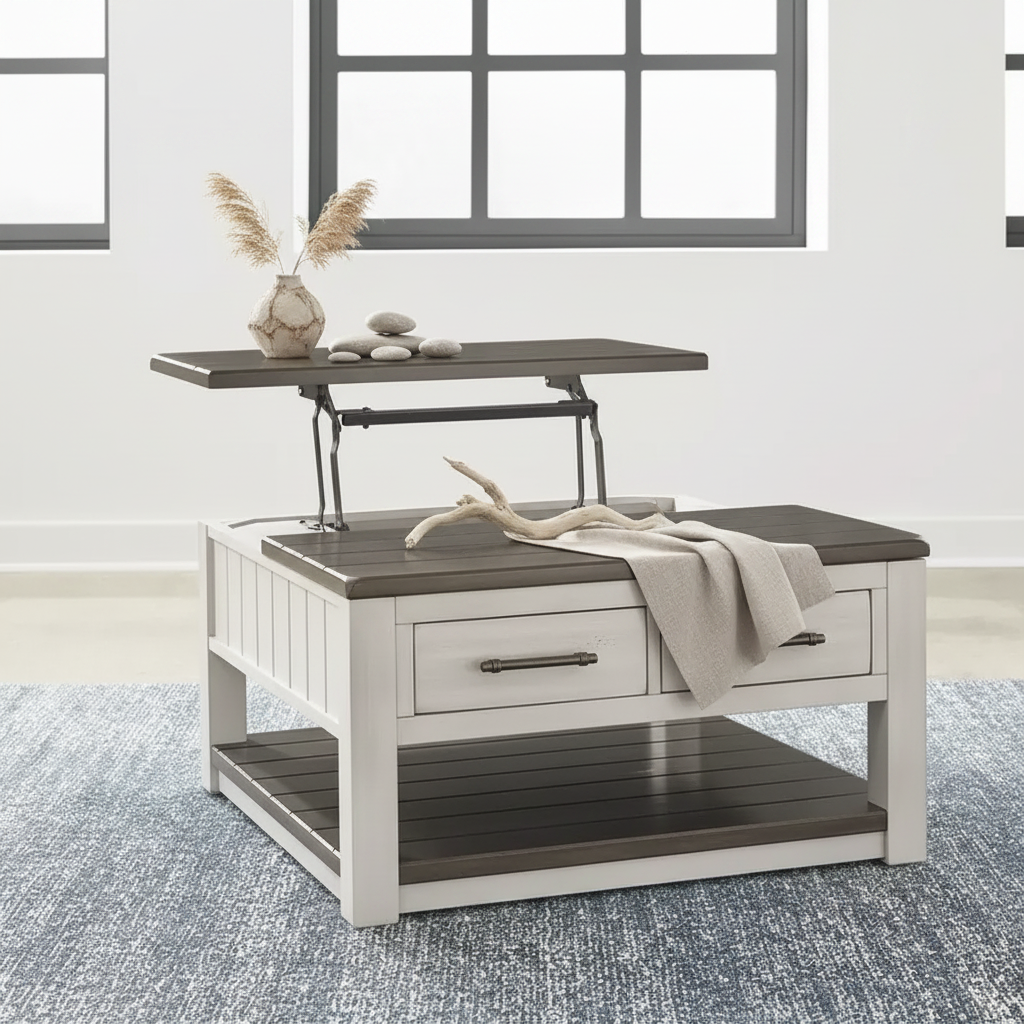 Table basse relevable, Gris et marron