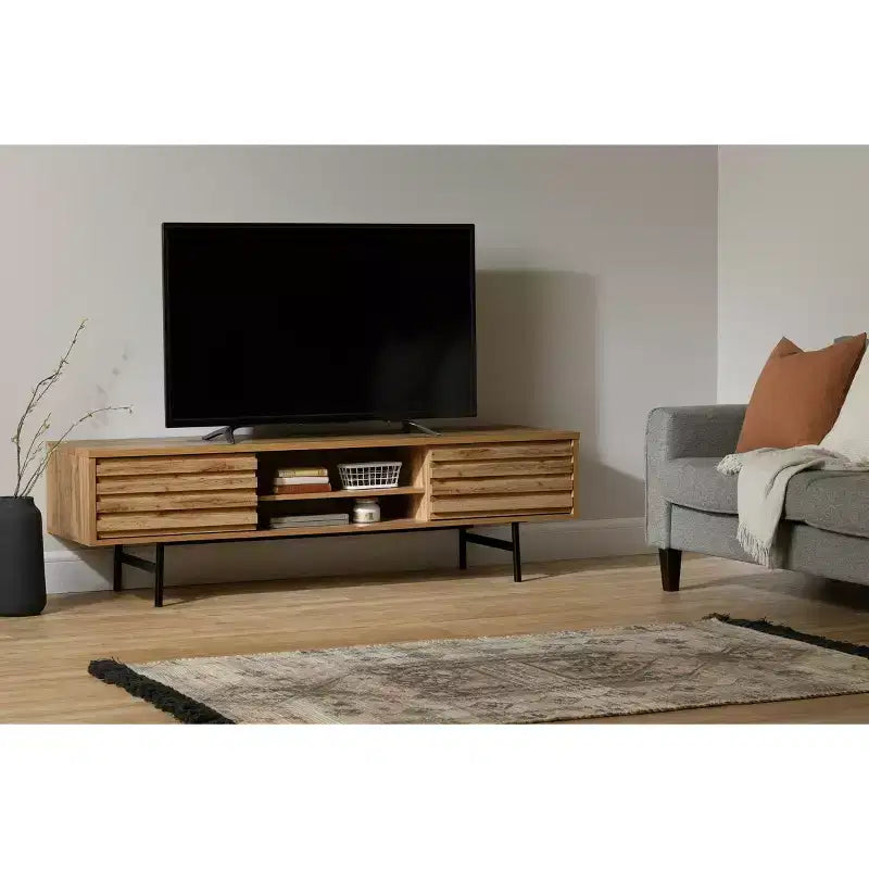 South Shore Mezzy TV Stand for TVs up to 75" Nordik Oak: Modern Media Console with Storage, Laminated Particle Board