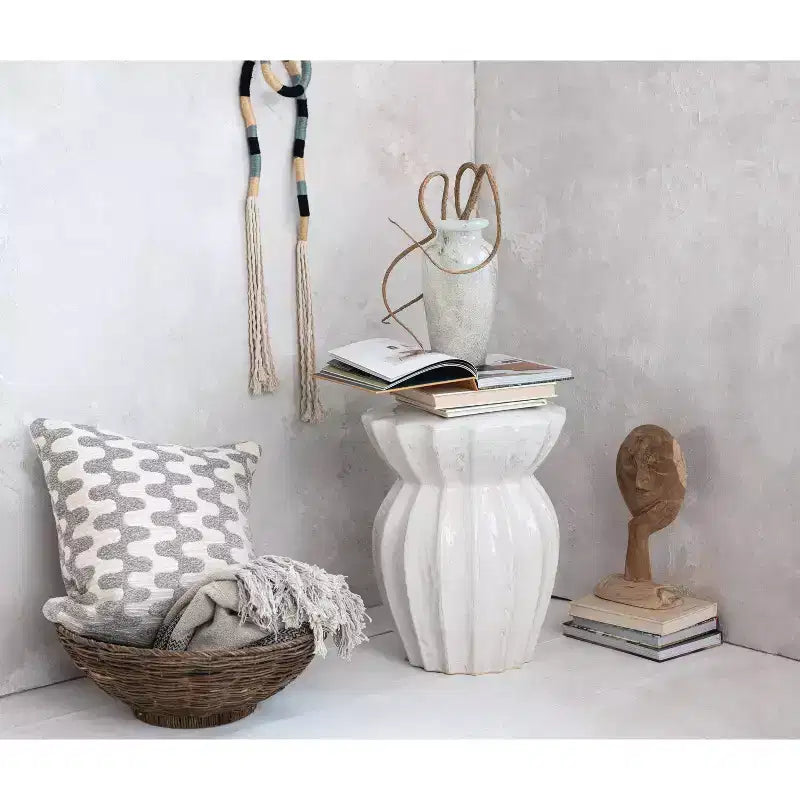 Storied Home Elegant Round Sculpted Stoneware Accent Table White: 19.75" High, No Assembly, Novelty Shape