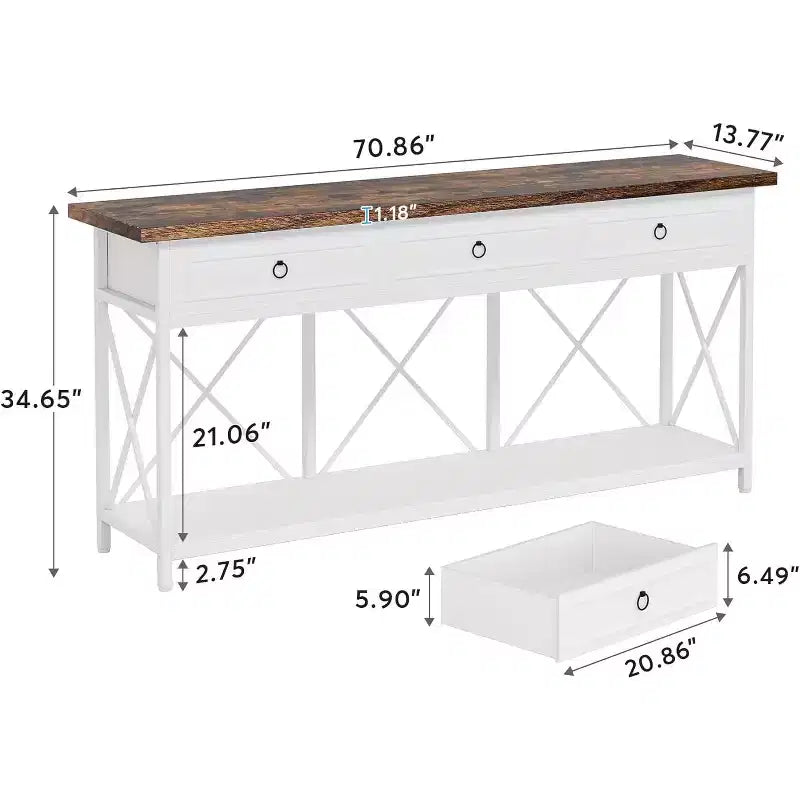 Lantine 70.9 Farmhouse Console Table with 3 Drawers, Narrow Long Sofa Foyer Table with Storage Shelf for Entryway, Hallway