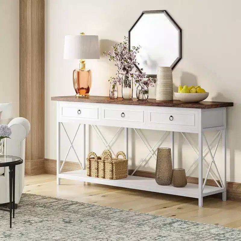Lantine 70.9 Farmhouse Console Table with 3 Drawers, Narrow Long Sofa Foyer Table with Storage Shelf for Entryway, Hallway