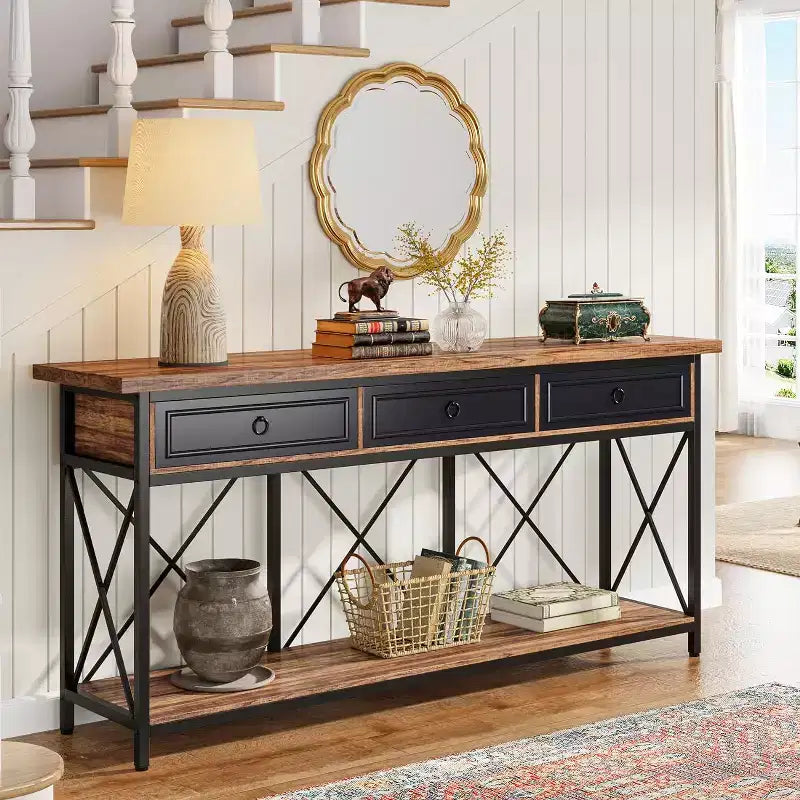Lantine 70.9 Farmhouse Console Table with 3 Drawers, Narrow Long Sofa Foyer Table with Storage Shelf for Entryway, Hallway