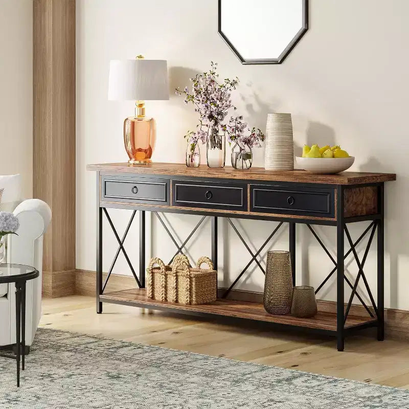 Lantine 70.9 Farmhouse Console Table with 3 Drawers, Narrow Long Sofa Foyer Table with Storage Shelf for Entryway, Hallway