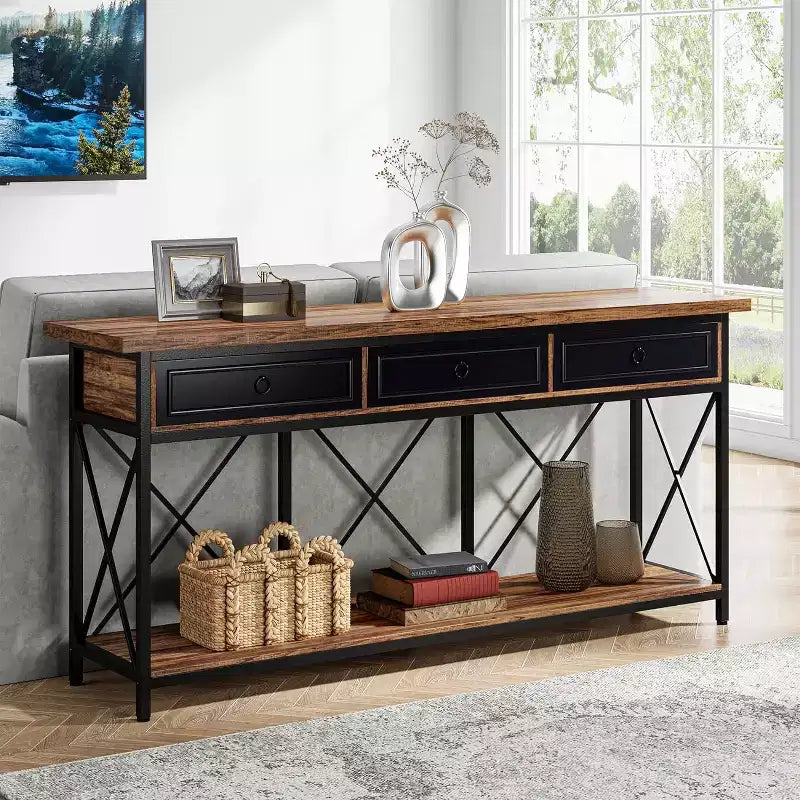 Lantine 70.9 Farmhouse Console Table with 3 Drawers, Narrow Long Sofa Foyer Table with Storage Shelf for Entryway, Hallway