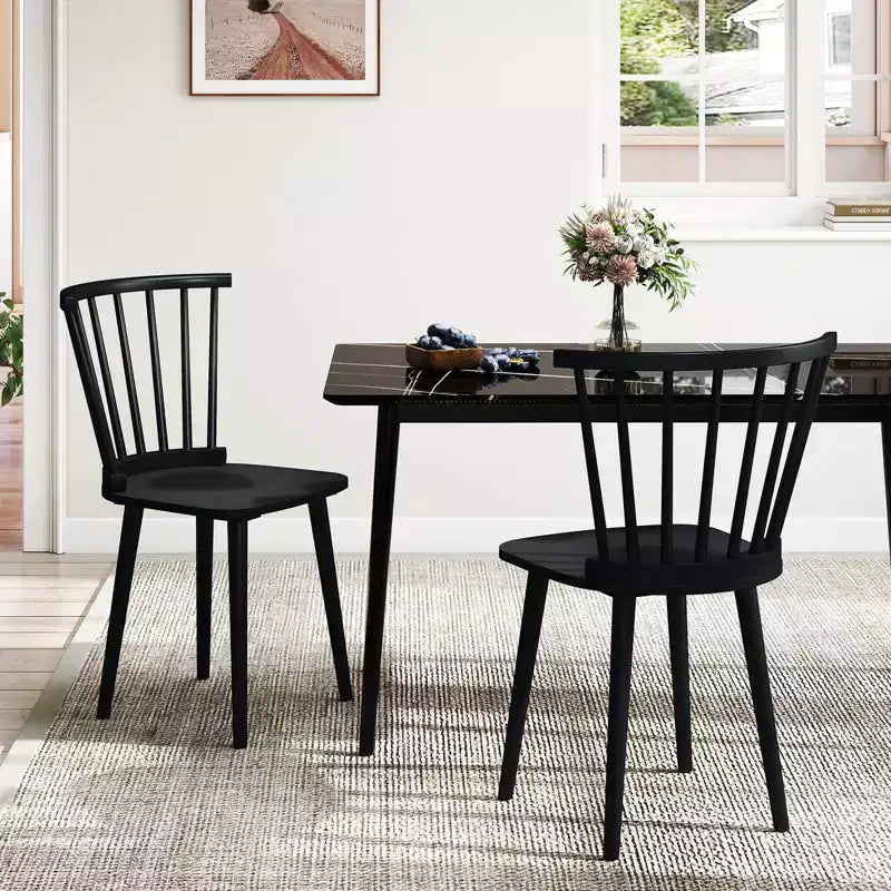 Costway Rubber Wood Windsor Dining Chairs Set of 2 with Spindle Back for Living Room Black/Natural