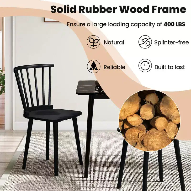 Costway Rubber Wood Windsor Dining Chairs Set of 2 with Spindle Back for Living Room Black/Natural