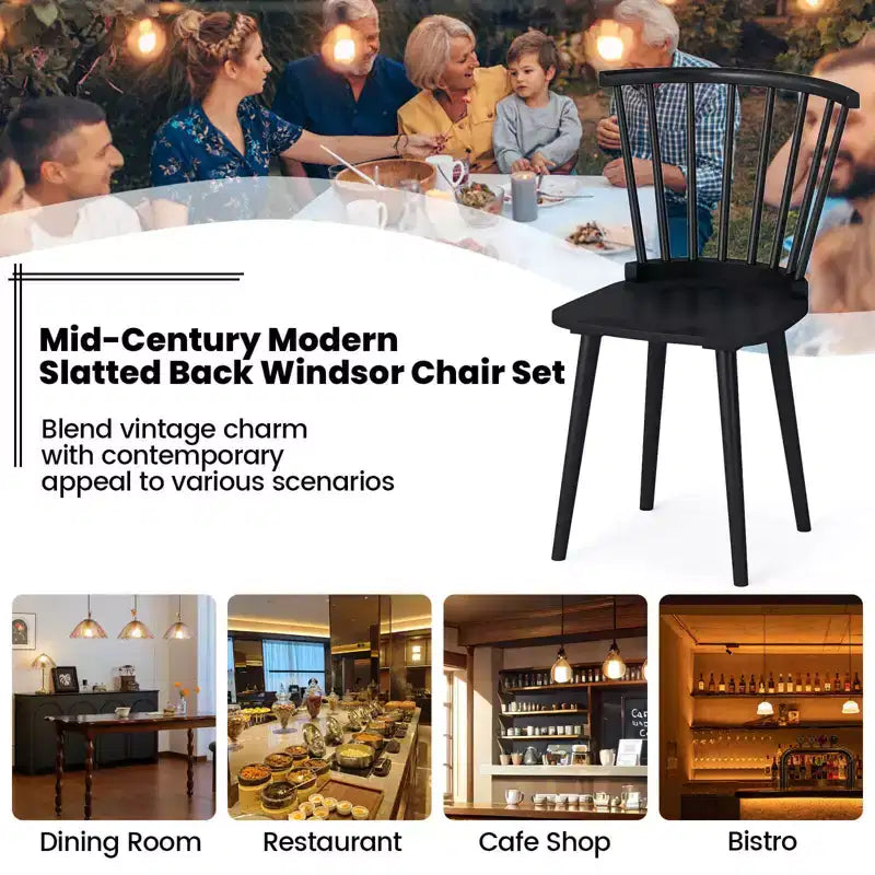 Costway Rubber Wood Windsor Dining Chairs Set of 2 with Spindle Back for Living Room Black/Natural
