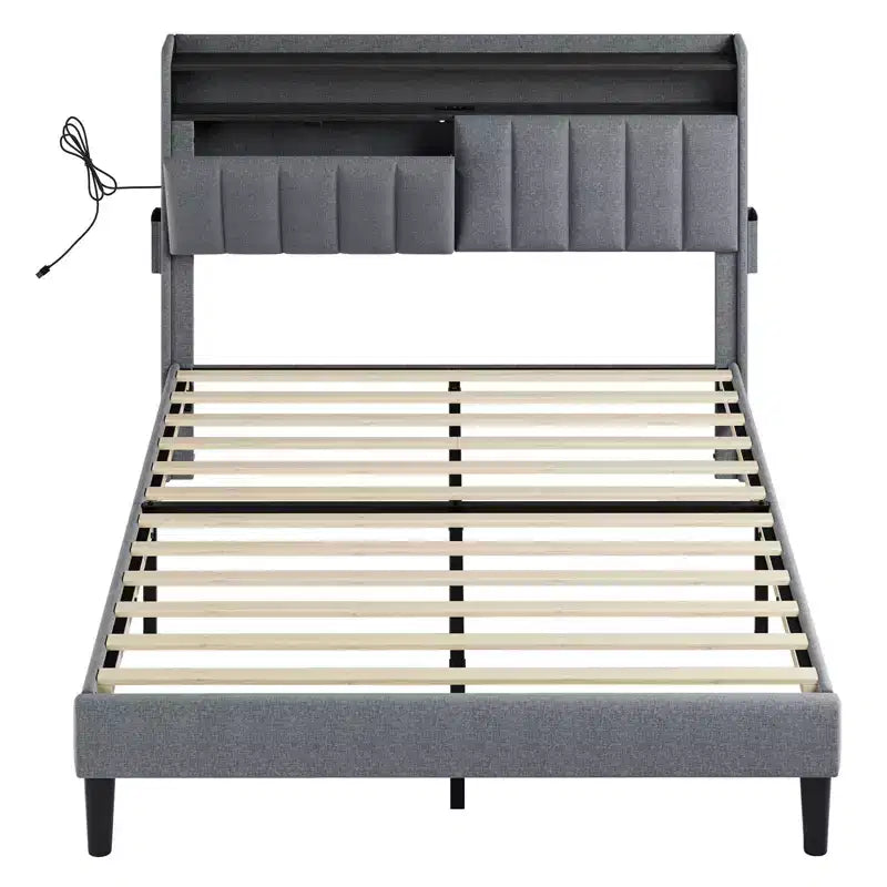 Hausource Upholstered Full Bed Frame w/Hidden Storage Headboard, LED Light, Charging Station, No Box Spring Needed