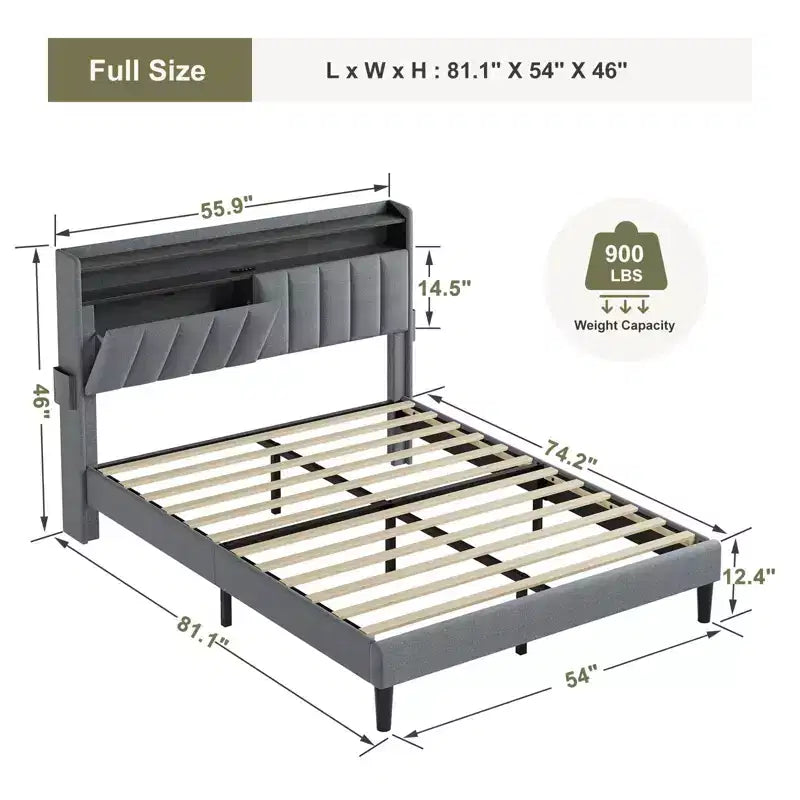 Hausource Upholstered Full Bed Frame w/Hidden Storage Headboard, LED Light, Charging Station, No Box Spring Needed