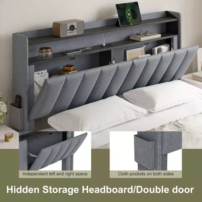 Hausource Upholstered Full Bed Frame w/Hidden Storage Headboard, LED Light, Charging Station, No Box Spring Needed