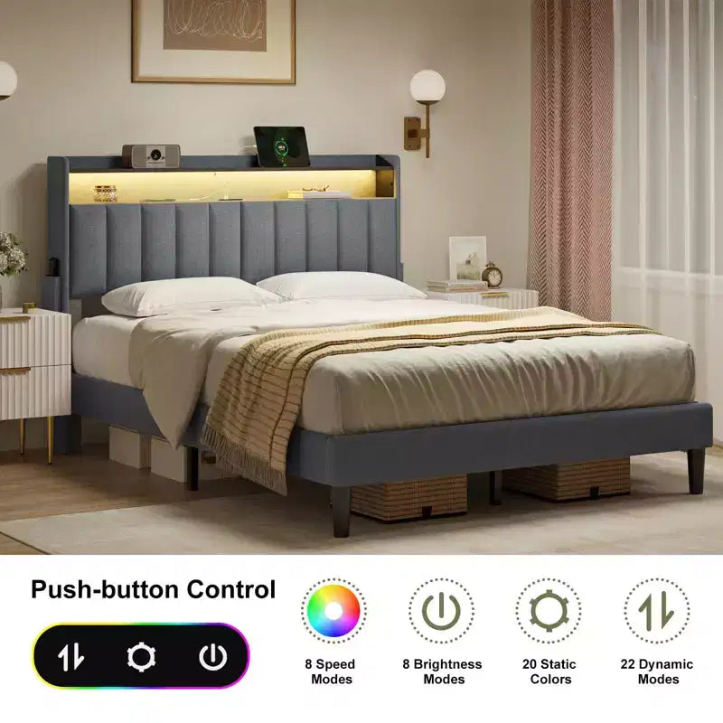 Hausource Upholstered Full Bed Frame w/Hidden Storage Headboard, LED Light, Charging Station, No Box Spring Needed