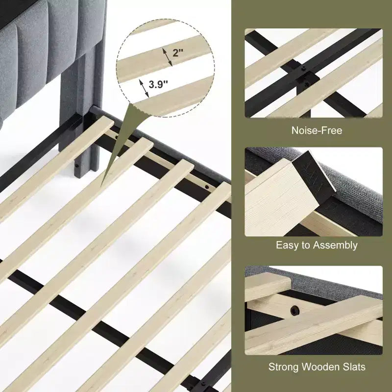 Hausource Upholstered Full Bed Frame w/Hidden Storage Headboard, LED Light, Charging Station, No Box Spring Needed