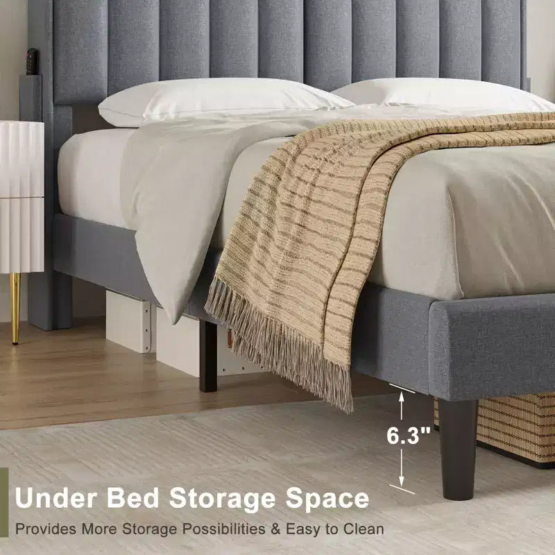 Hausource Upholstered Full Bed Frame w/Hidden Storage Headboard, LED Light, Charging Station, No Box Spring Needed