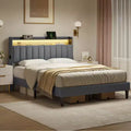 Hausource Upholstered Full Bed Frame w/Hidden Storage Headboard, LED Light, Charging Station, No Box Spring Needed