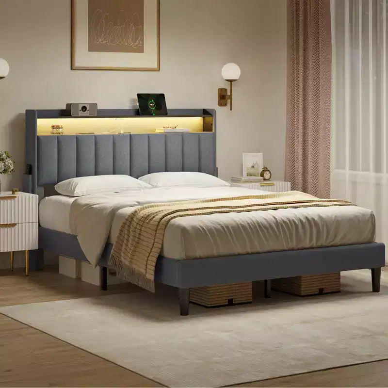 Hausource Upholstered Full Bed Frame w/Hidden Storage Headboard, LED Light, Charging Station, No Box Spring Needed