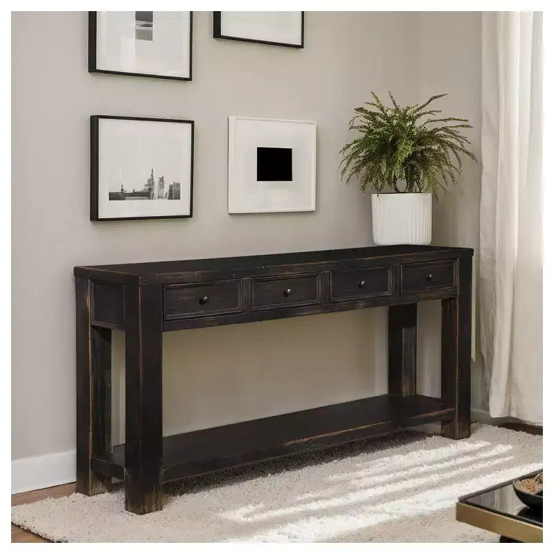 Signature Design by Ashley Gavelston 64 Sofa Console Table, Weathered Black Finish, 4 Drawers, Hand-Finished, Wood & Engineered Wood