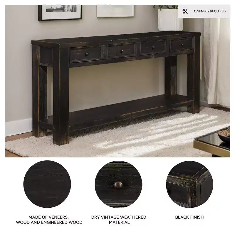 Signature Design by Ashley Gavelston 64 Sofa Console Table, Weathered Black Finish, 4 Drawers, Hand-Finished, Wood & Engineered Wood