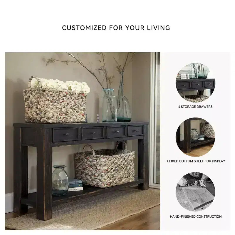 Signature Design by Ashley Gavelston 64 Sofa Console Table, Weathered Black Finish, 4 Drawers, Hand-Finished, Wood & Engineered Wood