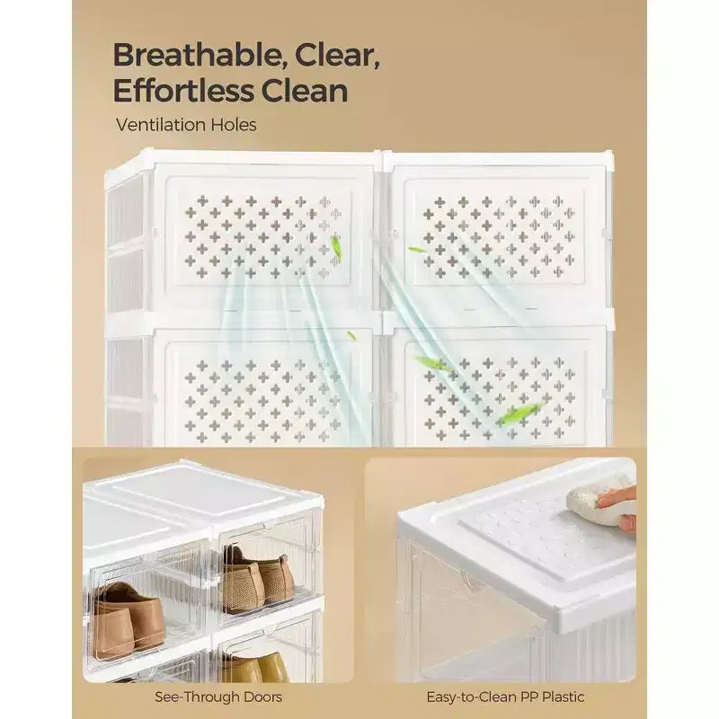 SONGMICS Shoe Boxes,Stackable Shoe Storage Organizer, Integraed Shoe Cabinets, Foldable and Portable