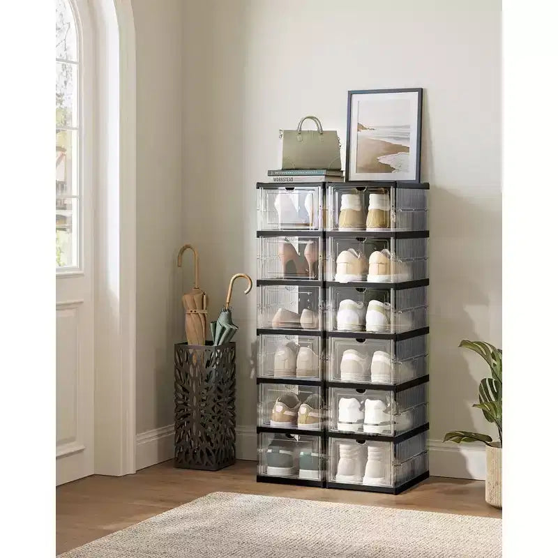 SONGMICS Shoe Boxes,Stackable Shoe Storage Organizer, Integraed Shoe Cabinets, Foldable and Portable