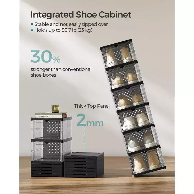 SONGMICS Shoe Boxes,Stackable Shoe Storage Organizer, Integraed Shoe Cabinets, Foldable and Portable