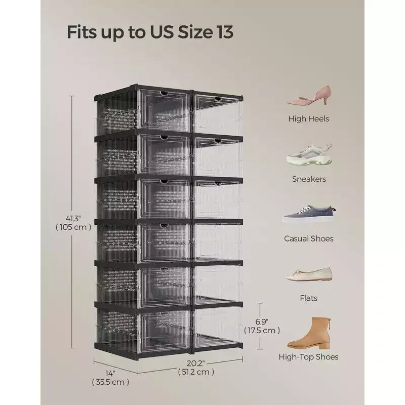 SONGMICS Shoe Boxes,Stackable Shoe Storage Organizer, Integraed Shoe Cabinets, Foldable and Portable
