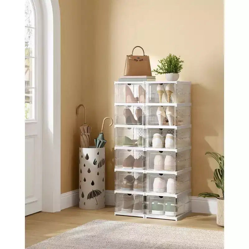 SONGMICS Shoe Boxes,Stackable Shoe Storage Organizer, Integraed Shoe Cabinets, Foldable and Portable
