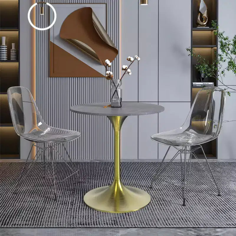 LeisureMod Verve 27 Round Dining Table - Sintered Stone Top with Brushed Gold Pedestal Base Accent Side Table for Kitchen and Home
