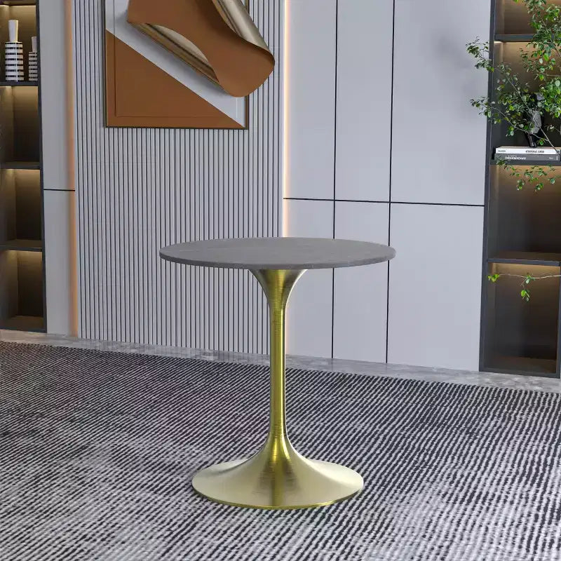 LeisureMod Verve 27 Round Dining Table - Sintered Stone Top with Brushed Gold Pedestal Base Accent Side Table for Kitchen and Home