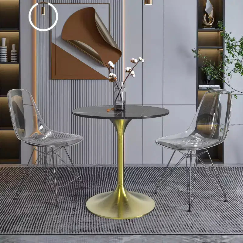 LeisureMod Verve 27 Round Dining Table - Sintered Stone Top with Brushed Gold Pedestal Base Accent Side Table for Kitchen and Home