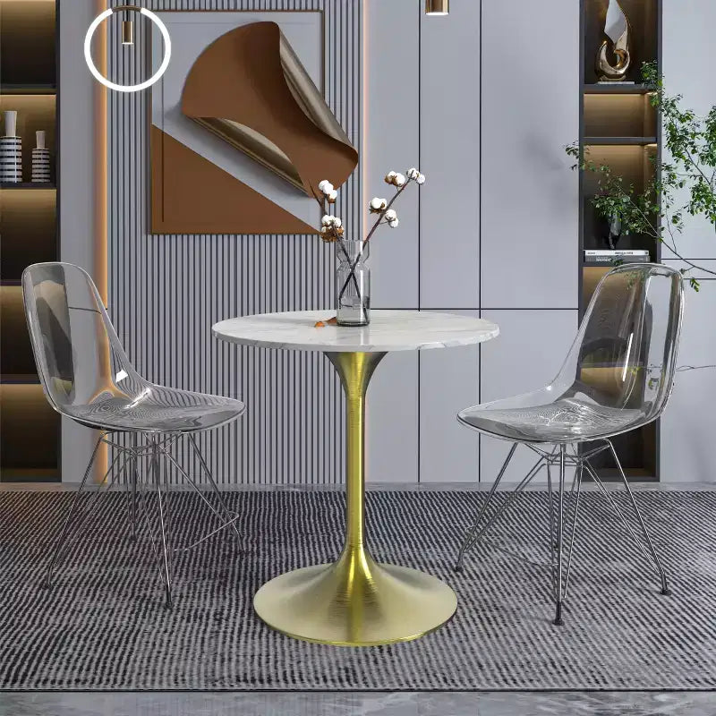 LeisureMod Verve 27 Round Dining Table - Sintered Stone Top with Brushed Gold Pedestal Base Accent Side Table for Kitchen and Home