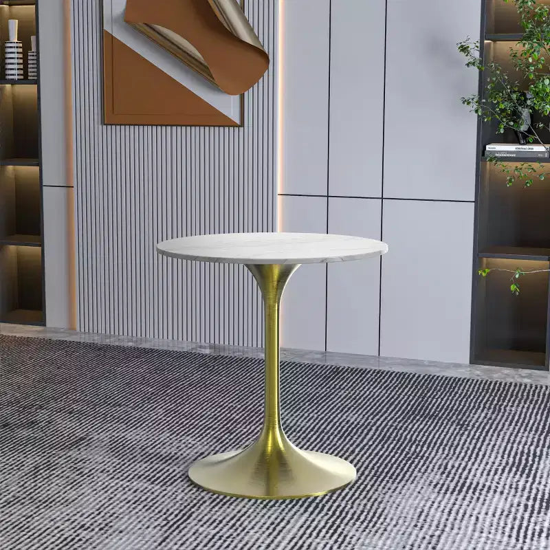 LeisureMod Verve 27 Round Dining Table - Sintered Stone Top with Brushed Gold Pedestal Base Accent Side Table for Kitchen and Home