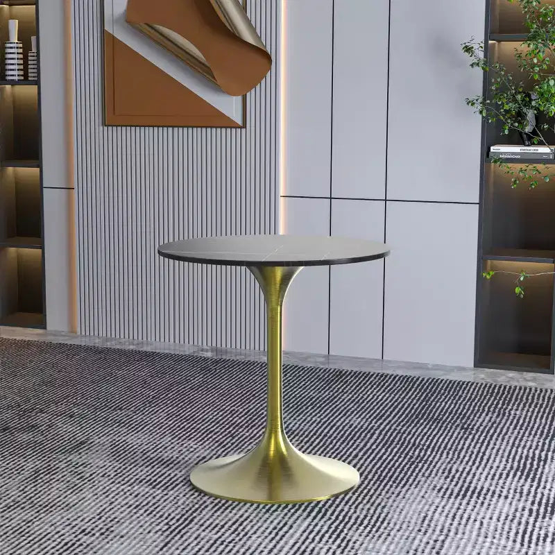 LeisureMod Verve 27 Round Dining Table - Sintered Stone Top with Brushed Gold Pedestal Base Accent Side Table for Kitchen and Home