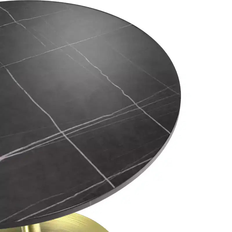 LeisureMod Verve 27 Round Dining Table - Sintered Stone Top with Brushed Gold Pedestal Base Accent Side Table for Kitchen and Home