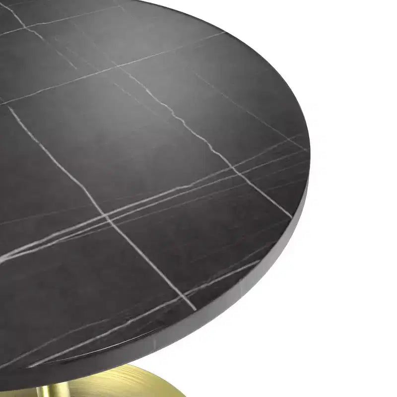 LeisureMod Verve 27 Round Dining Table - Sintered Stone Top with Brushed Gold Pedestal Base Accent Side Table for Kitchen and Home