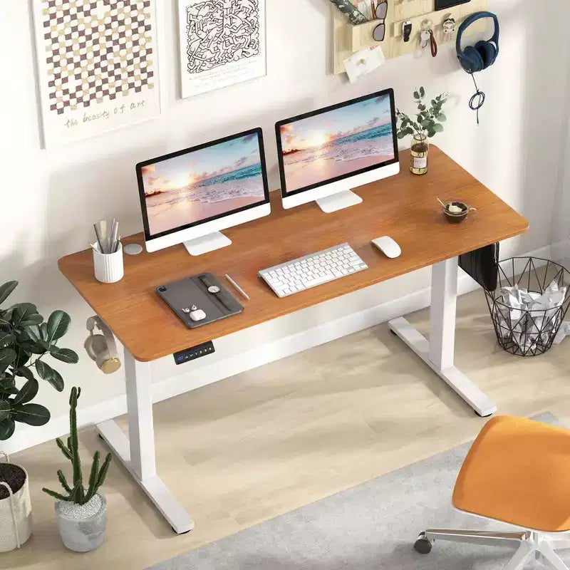 Costway 55 x 24 Electric Standing Desk with 3 Memory Height Settings 2 Hanging Hooks Brown/Natural/White