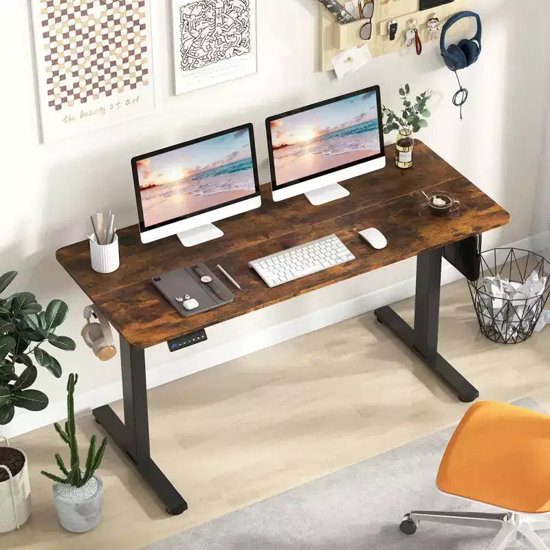 Costway 55 x 24 Electric Standing Desk with 3 Memory Height Settings 2 Hanging Hooks Brown/Natural/White