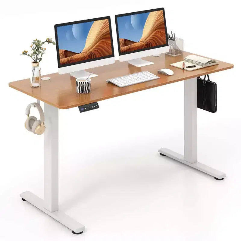 Costway 55 x 24 Electric Standing Desk with 3 Memory Height Settings 2 Hanging Hooks Brown/Natural/White