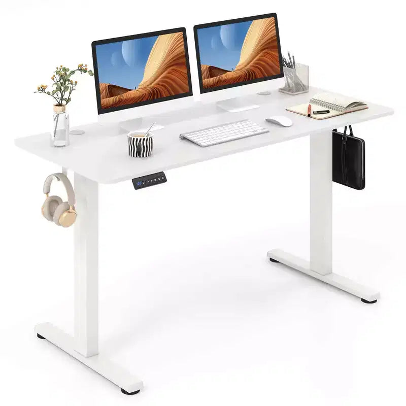 Costway 55 x 24 Electric Standing Desk with 3 Memory Height Settings 2 Hanging Hooks Brown/Natural/White