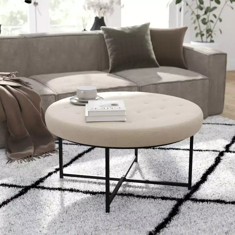 Merrick Lane 34-Inch Round Tufted Cotton Linen Ottoman with Durable Metal Frame