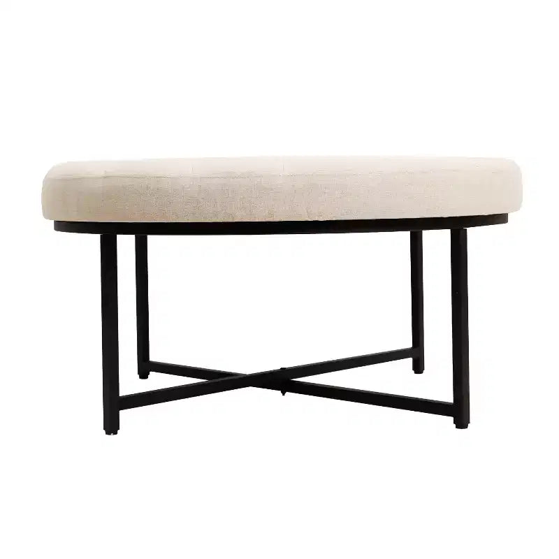 Merrick Lane 34-Inch Round Tufted Cotton Linen Ottoman with Durable Metal Frame