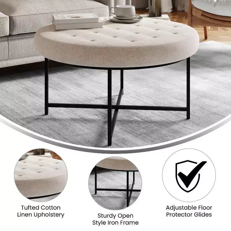 Merrick Lane 34-Inch Round Tufted Cotton Linen Ottoman with Durable Metal Frame