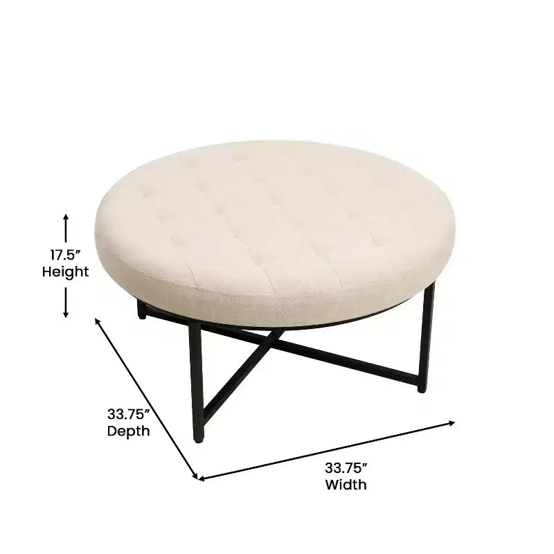 Merrick Lane 34-Inch Round Tufted Cotton Linen Ottoman with Durable Metal Frame
