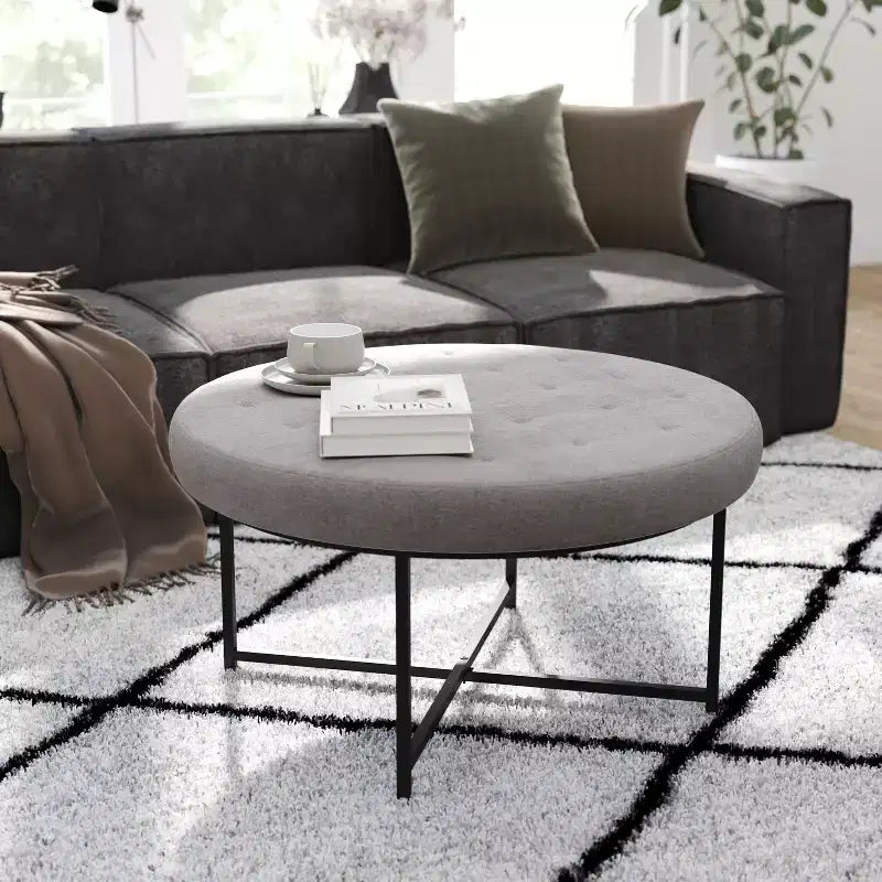 Merrick Lane 34-Inch Round Tufted Cotton Linen Ottoman with Durable Metal Frame
