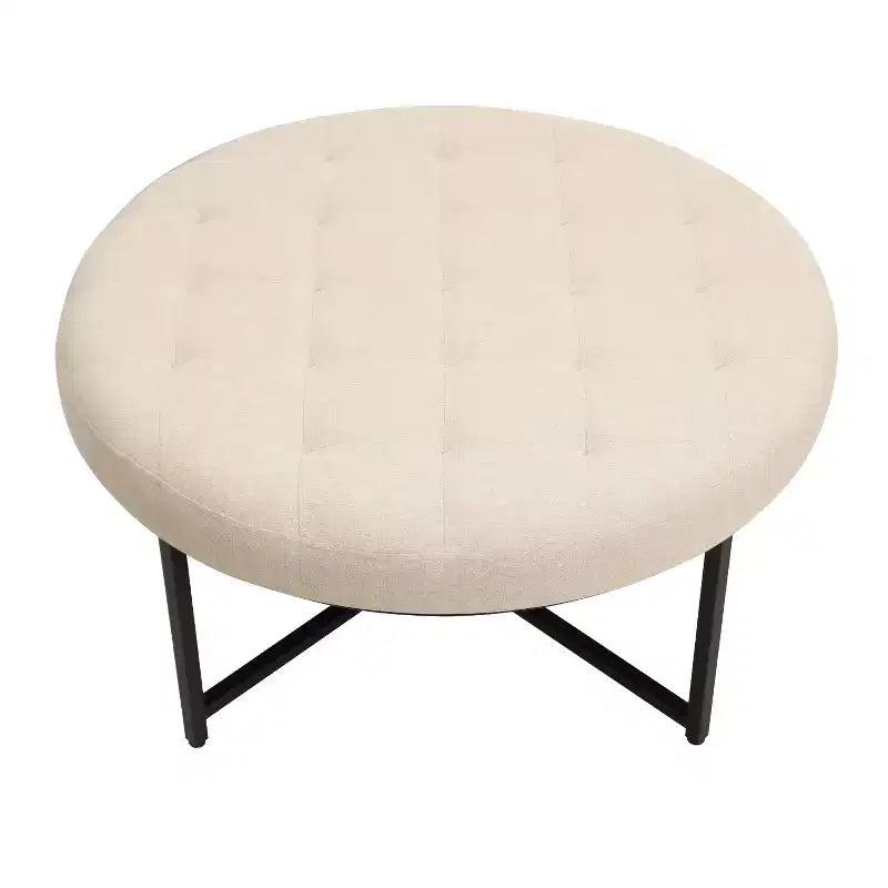 Merrick Lane 34-Inch Round Tufted Cotton Linen Ottoman with Durable Metal Frame
