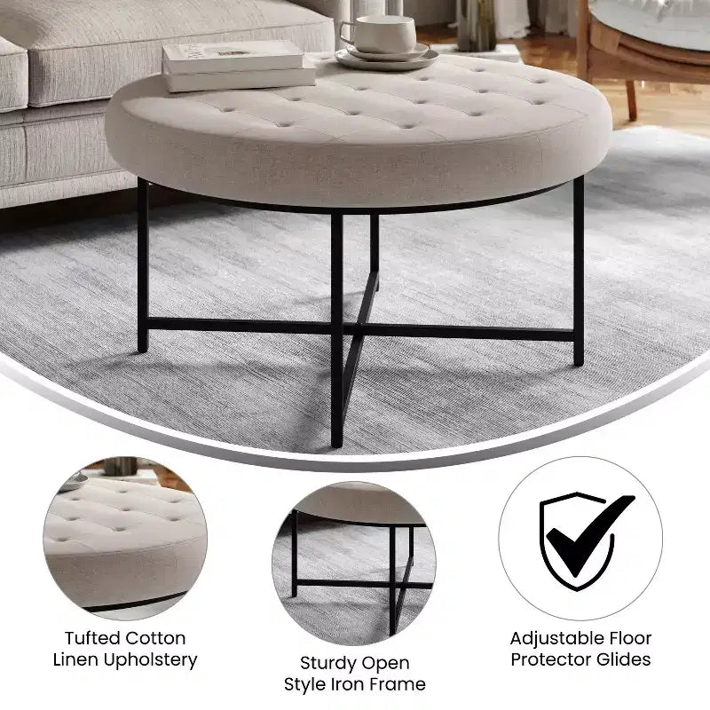 Merrick Lane 34-Inch Round Tufted Cotton Linen Ottoman with Durable Metal Frame