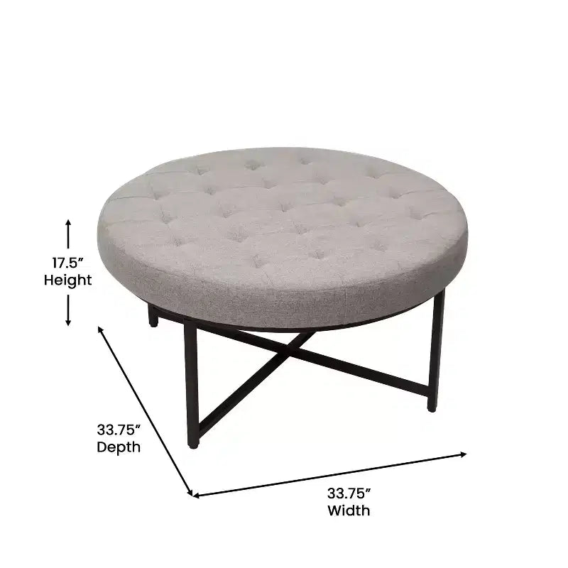 Merrick Lane 34-Inch Round Tufted Cotton Linen Ottoman with Durable Metal Frame