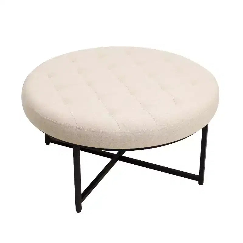 Merrick Lane 34-Inch Round Tufted Cotton Linen Ottoman with Durable Metal Frame