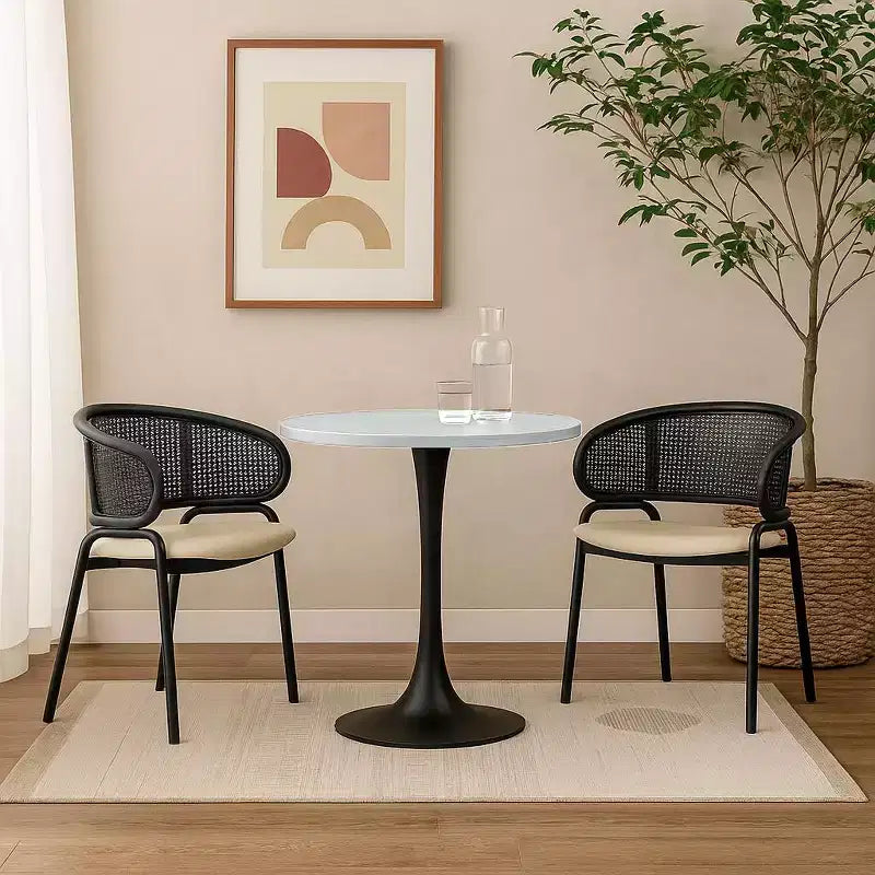 LeisureMod Bristol Mid-Century Modern 36 Round Dining Table MDF Top with Black Iron Pedestal Base, Accent Table for Kitchen, Dining Room, or Cafe