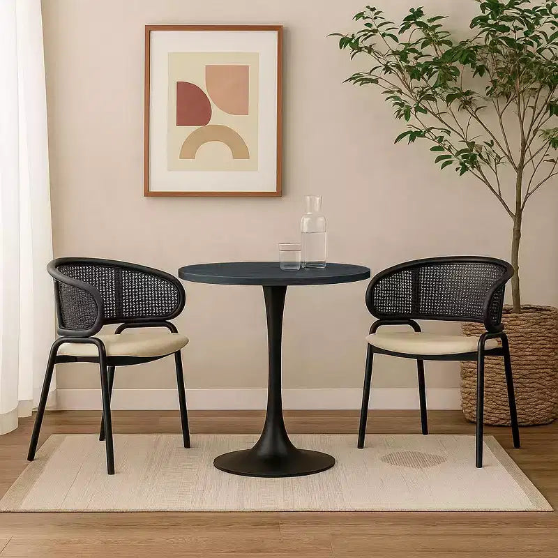 LeisureMod Bristol Mid-Century Modern 36 Round Dining Table MDF Top with Black Iron Pedestal Base, Accent Table for Kitchen, Dining Room, or Cafe